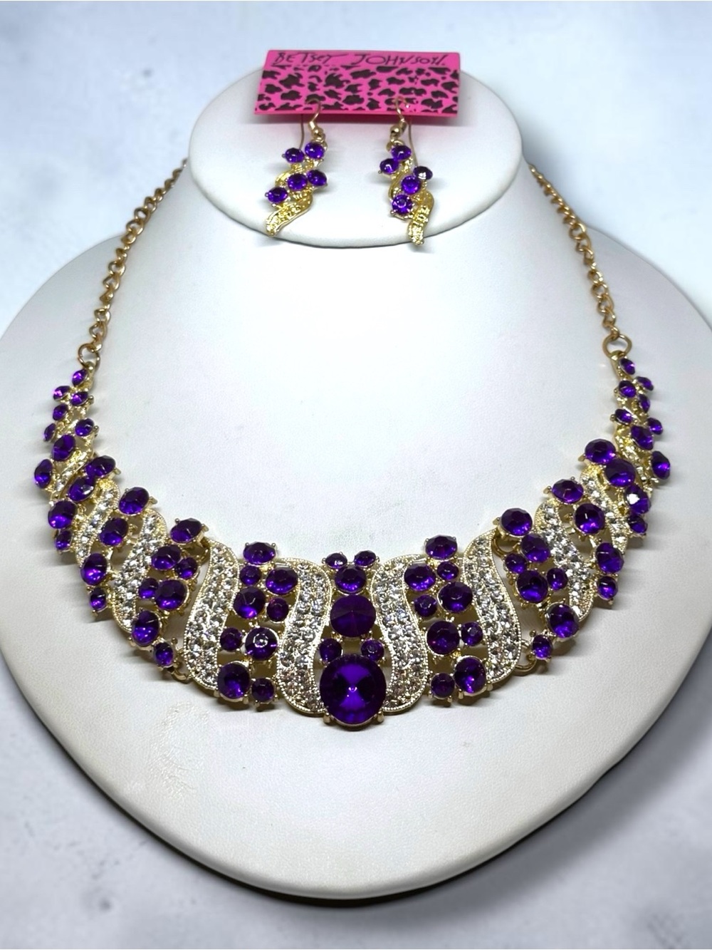 VTG Betsey Johnson Purple Crystal Rhinestone Statement Necklace & Earrings Set